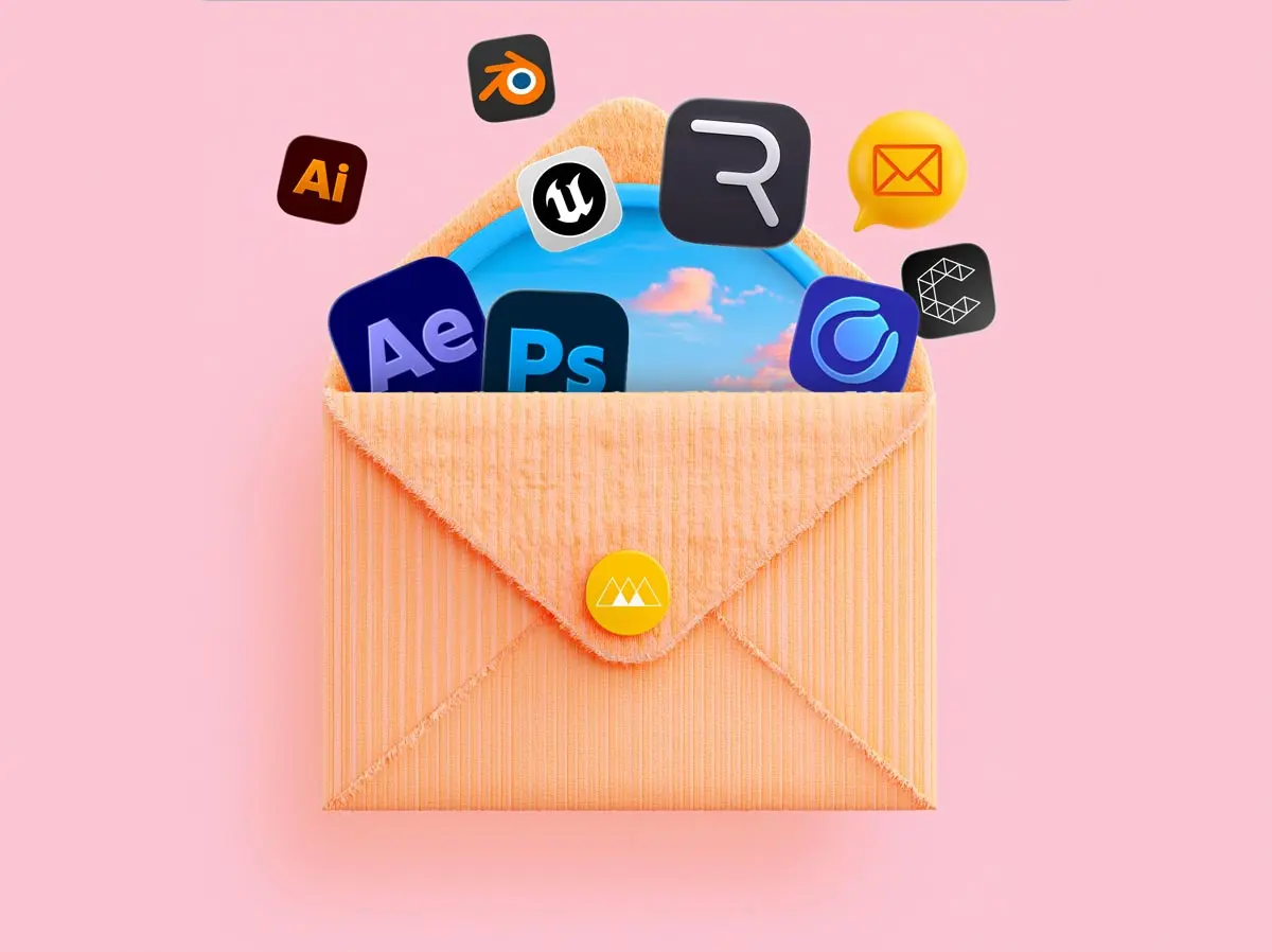 A School of Motion newsletter envelope filled with motion design software icons.